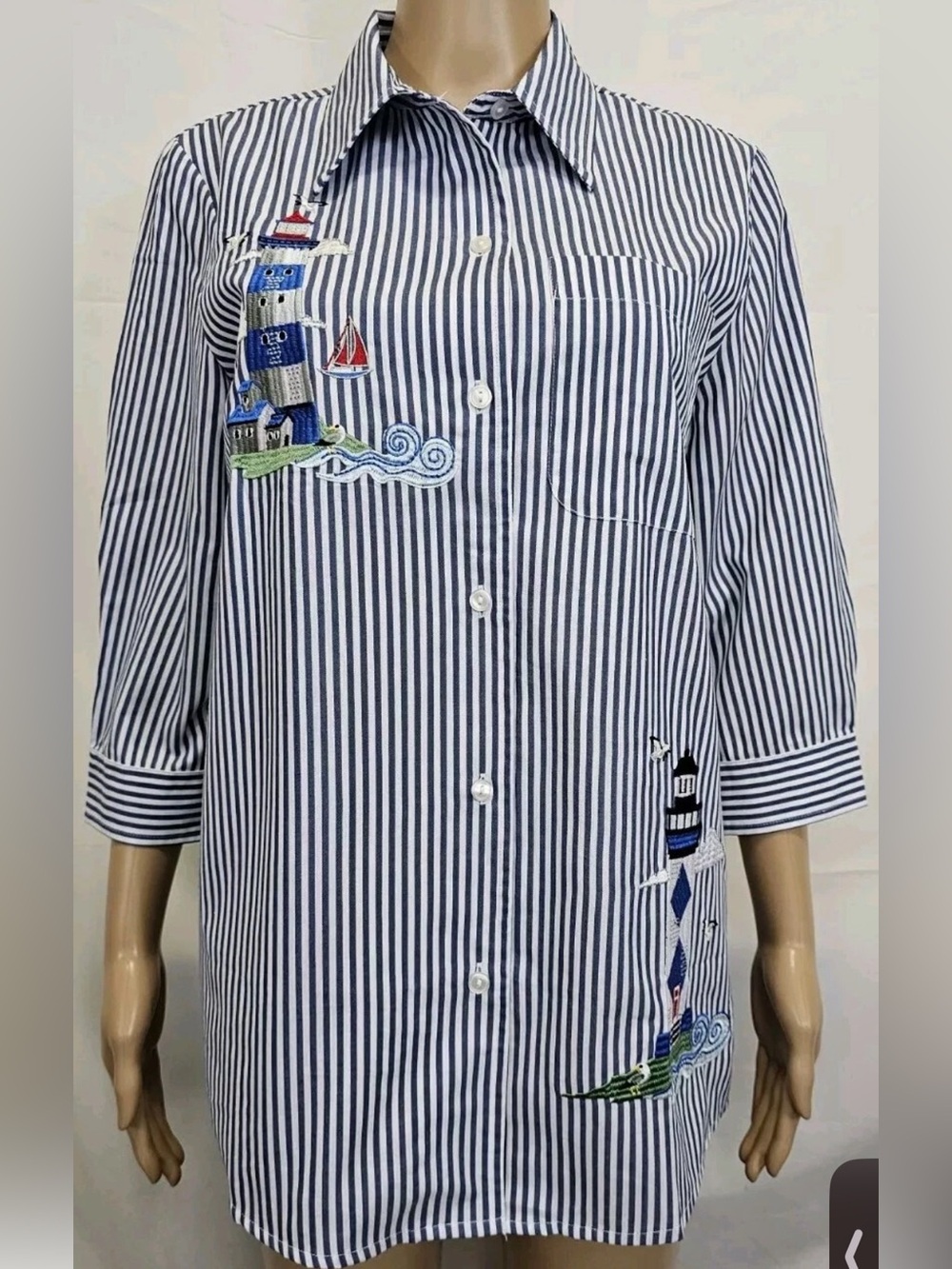 Blair Navy and White Blair featuring nautical lighthouse embroidery L